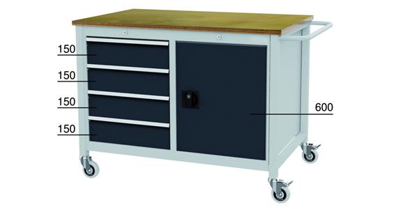Workbench, mobile, 1 door 4 drawers HxWxD 935x1250x750 mm RAL 7035/7016