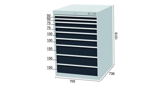Drawer cabinet 9 drawers 2x50 2x75 2x100 3x150mm 705x736x1019mm 7016