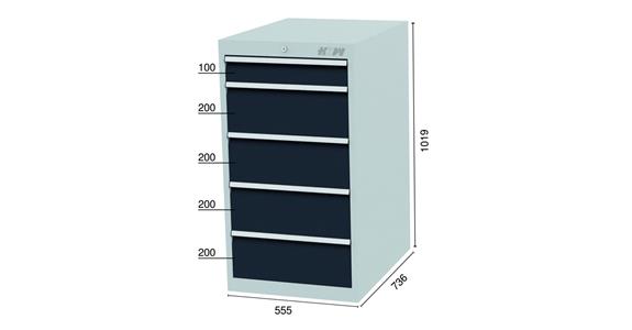 Drawer cabinet 5 drawers 7035/7016 1x100, 4x200mm 555x736x1019mm