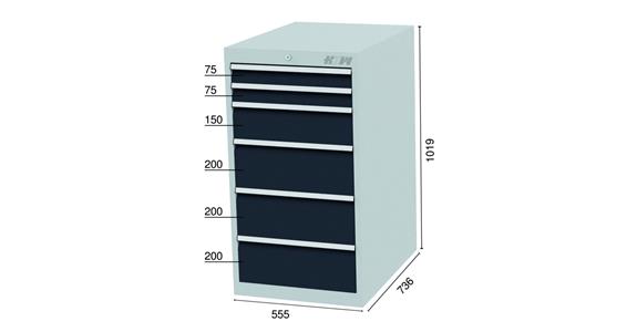 Drawer cabinet 6 drawers 7035/7016 2x75, 1x150, 3x200mm 555x736x1019mm