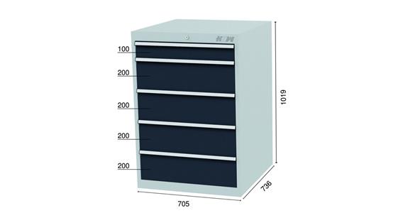 Drawer cabinet 5 drawers 7035/7016 1x100, 4x200mm WDH 705x736x1019mm