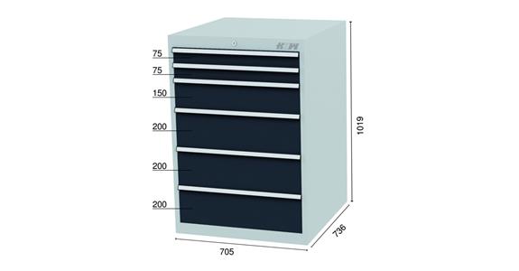 Drawer cabinet 6 drawers 7016 2x75, 1x150, 3x200mm WDH 705x736x1019mm