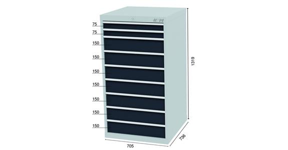 Drawer cabinet 9 drawers 7035/7016 2x75, 7x150mm WDH 705x736x1319mm