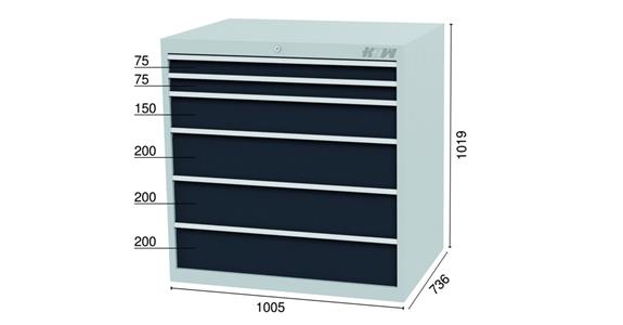 Drawer cabinet 6 drawers 7016 2x75 1x150 2x200mm WDH 1005x736x1019mm