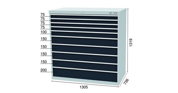 Tool cabinet 1305x736x1319mm 10 drawers 4x75 1x100 4x150 1x200 mm 7035/7016