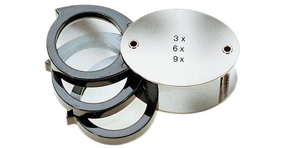 Lupa składana ATORN, powiększenie 3-6-9x, 3 lupy dwuwypukłe, średnica 30 mm