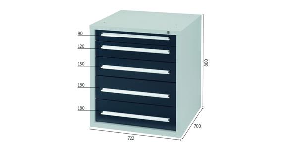 Drawer cabinet H800XW722XD700mm 5 drawers RAL7035/7016