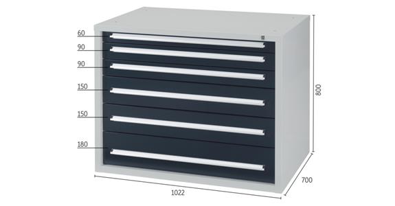 Drawer cabinet H800 x W1,022 x D700 mm 6 drawers RAL7035/7016