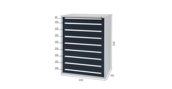 Drawer cabinet H1,328 x W1,022 x D700 mm 9 drawers RAL7035/7016