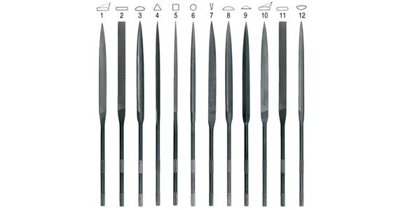 Prec. needle files set, 12 pieces, medium grit, in box, L=140 mm, Swiss cut 1