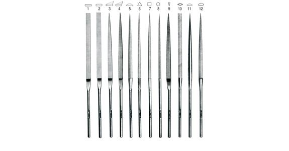 Precision needle files assortment, 12 pieces, length 140 mm, cut 2, in stand