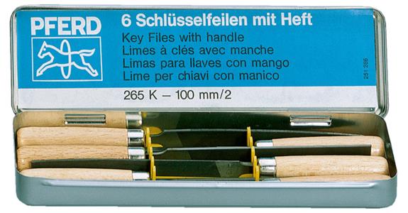 Key file bow file set, DIN 7283 A-F, 6 pieces, metal case, L=100 mm, D-cut 2
