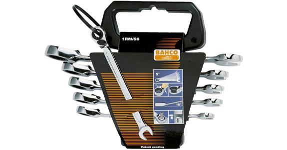 Combination wrench set with ring ratchet bi-hex 12 pcs 8-19 mm in clamp holder