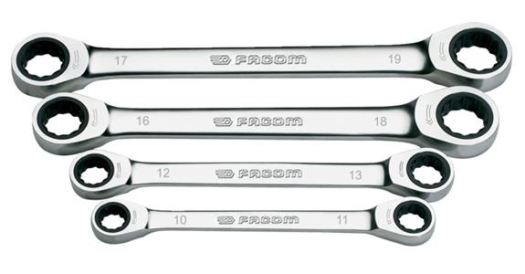 Bi-hex ratchet box-end wrench set 4 pcs 10x11-17x19mm, chrome-pl., satin finish