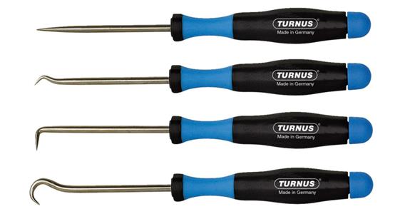 Hook tool set 4 pieces 1 each of straight, S-shaped, 90°, round in bag