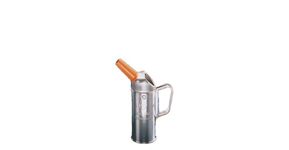 Meas. beaker, contents 1 litre funnel-shaped spout, tinplate, can be calibrated