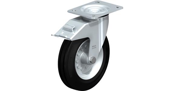 Sht. stl. swivel castor w/ screw-on plate and lock. dev., sld. rubber dia. 100mm