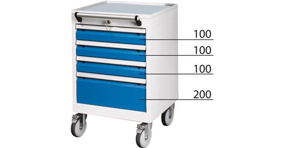 Mobile drawer cabinet, 4 drawers RAL 5012 light blue 750x530x500 mm