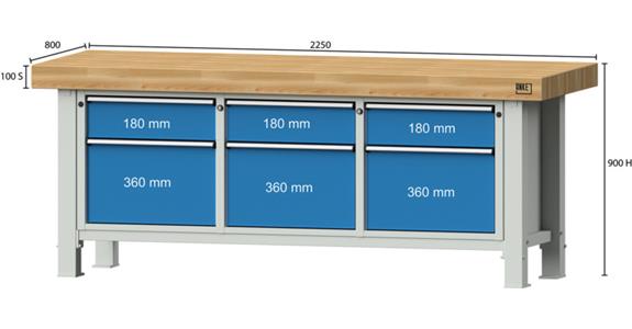 Heavy-duty workbench 2250x800x900mm model 223VS beech solid plate RAL 7035/5012