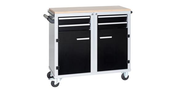 Clip-O-Flex wheeled workbench w/ 2 doors+4 drwrs w/ fixed supp. angles+12 trays