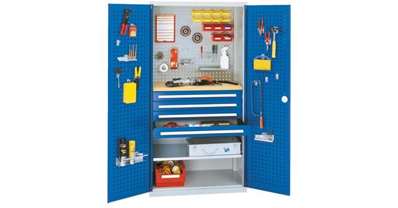 Cabinet with perforated panel door, mod. 3, 7035/5012, 1 shelf, 4 drawers