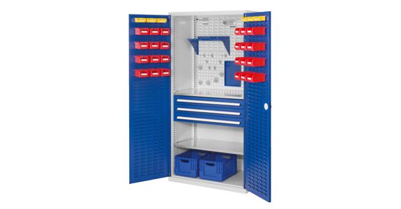 Cabinet with slotted panel door, mod. 5, 7035/5012, 2 shelf, 3 drawers
