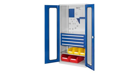 Cabinet w/ door w/ view.window, mod. 4, 7035/5012, 2 shelf, 4 drawers