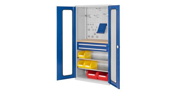 Cabinet w/ door w/ view.window, mod. 6, 7035/5012, 2 shelf, 2 drawers