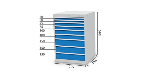 Drawer cabinet 9 drawers 2x50 2x75 2x100 3x150mm 705x736x1019mm 5012