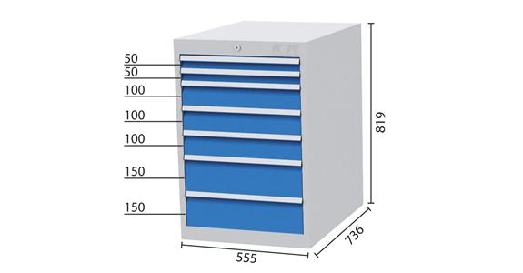 Drawer cabinet 7 drawers 7035/5012 2x50, 3x100, 2x150mm 555x736x819mm