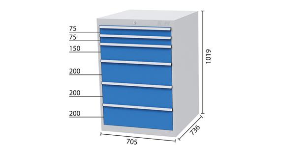 Drawer cabinet 6 drawers 5012 2x75, 1x150, 3x200mm WDH 705x736x1019mm