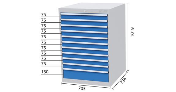 Drawer cabinet 11 drawers 5012 10x75, 1x150mm WDH 705x736x1019mm