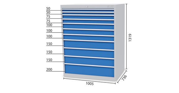 Drawer cabinet 11 drawers 5012 2x50 2x75 3x100 3x150 1x200mm 1005x736x1319
