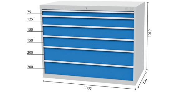 Tool cabinet 1305x736x1019mm 6 drawers 1x75 1x125 2x150 2x200 mm 7035/5012
