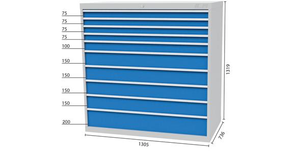 Tool cabinet 1305x736x1319mm 10 drawers 4x75 1x100 4x150 1x200 mm 7035/5012