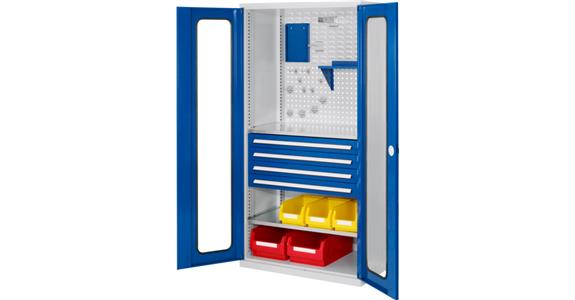 Cabinet with slotted panel door, mod. 4, 7035/5012, 2 shelf, 4 drawers