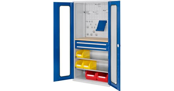 Cabinet with perforated panel door, mod. 6, 7035, 2 shelf, 2 drawers
