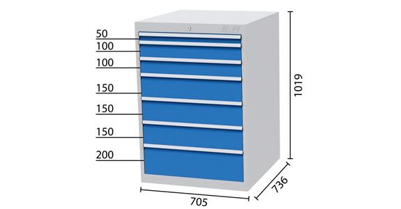 Drawer cabinet 7 drawers 1x50 2x100 3x150 1x200mm 705x736x1019mm 5010