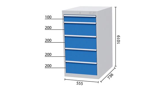Drawer cabinet 5 drawers 7035/5010 1x100, 4x200mm WDH 555x736x1019mm