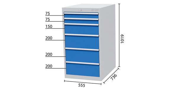 Drawer cabinet 6 drawers 5010 2x75, 1x150, 3x200mm WDH 555x736x1019mm