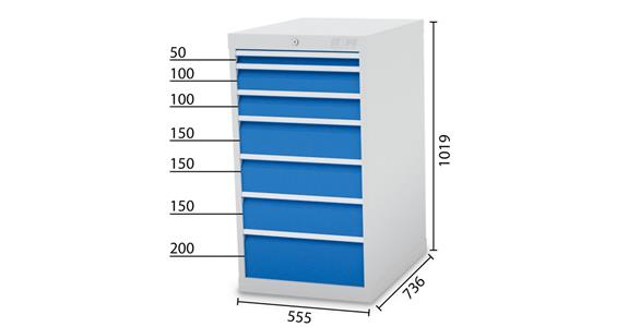 Drawer cabinet 7 drawers 5010 1x50 2x100 3x150 1x200mm 555x736x1019mm