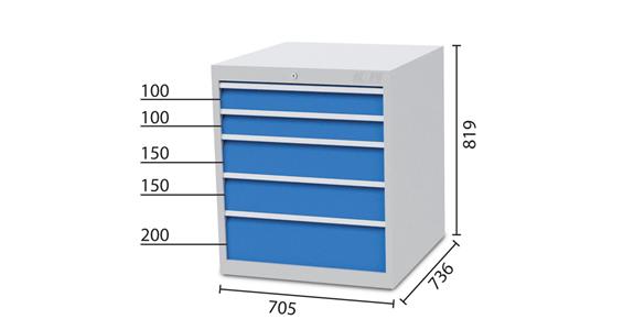 Drawer cabinet 5 drawers 7035/5010 2x100, 2x150, 1x200mm 705x736x819mm