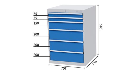 Drawer cabinet 6 drawers 5010 2x75, 1x150, 3x200mm WDH 705x736x1019mm
