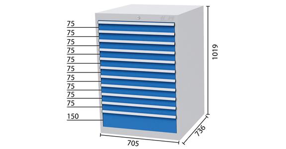 Drawer cabinet 11 drawers 7035/5010, 10x75, 1x150mm WDH 705x736x1019mm