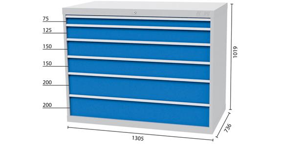 Tool cabinet 1305x736x1019mm 6 drawers 1x75 1x125 2x150 2x200 mm 7035/5010