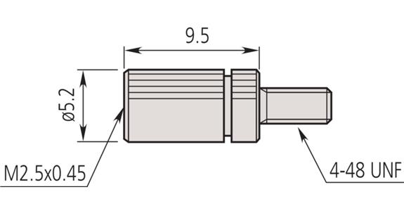 Gauge slide adapter for dial gauges, M2.5x0.45 to 4-48 UNF, 9.5 mm, steel
