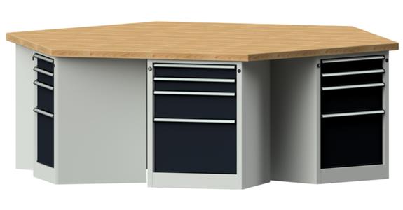 Gruppenwerkbank 6-Eck 2340x2700x900mm Buche-Massivplatte 7035/7016