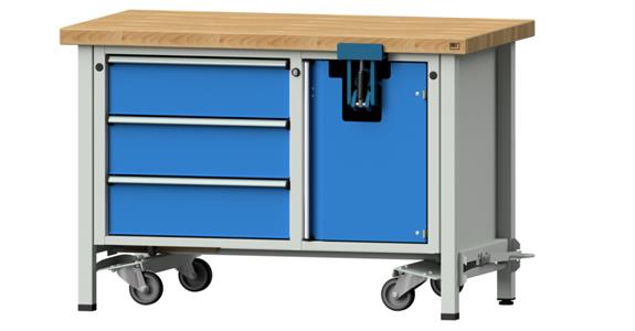 Assembly workbench, mobile, series V 1270x700x50mm 3 drawers, vice, fold. mech.